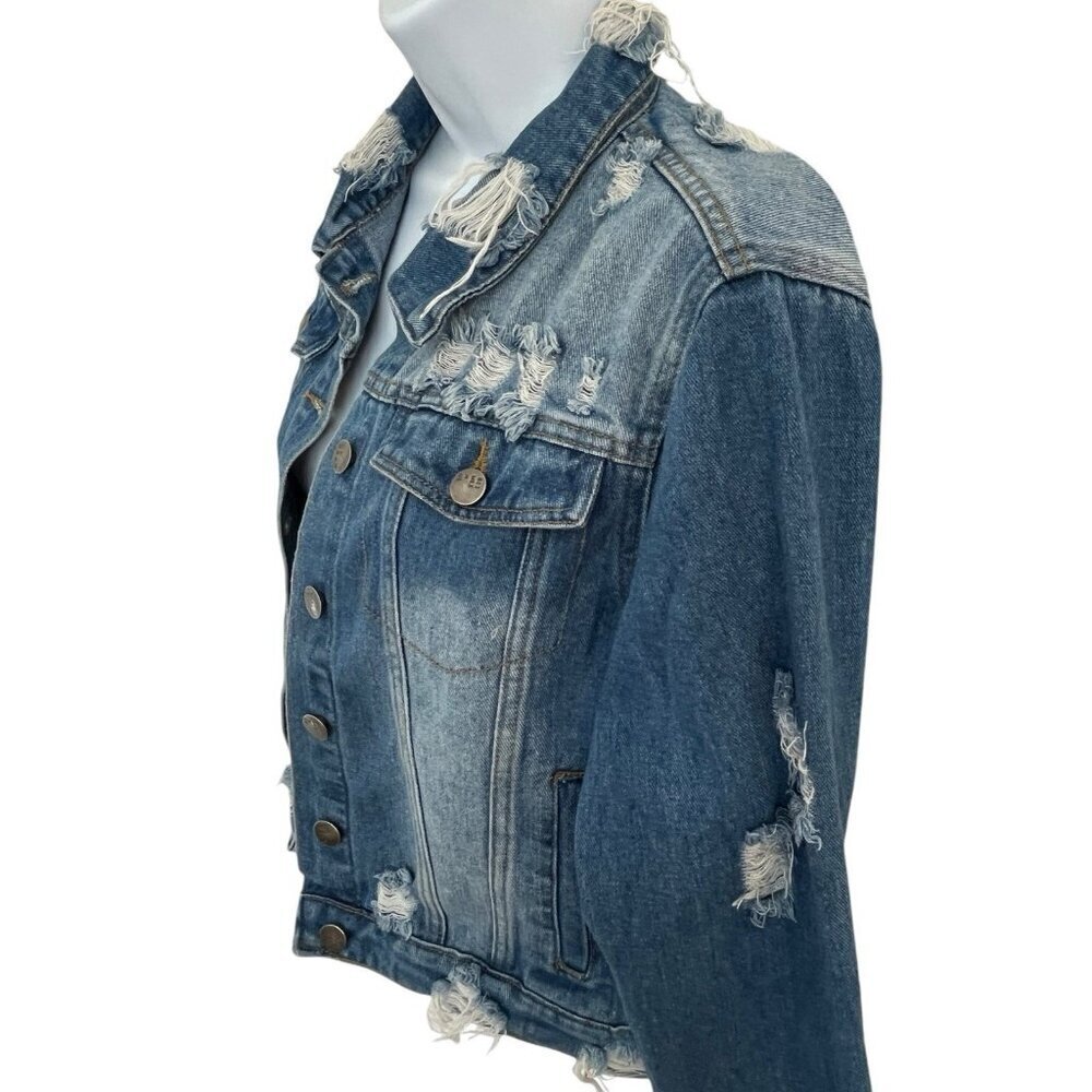 Womens Thrashed Denim Trucker Jacket Chain Open Back Detail Grunge Punk Large - Picture 5 of 14